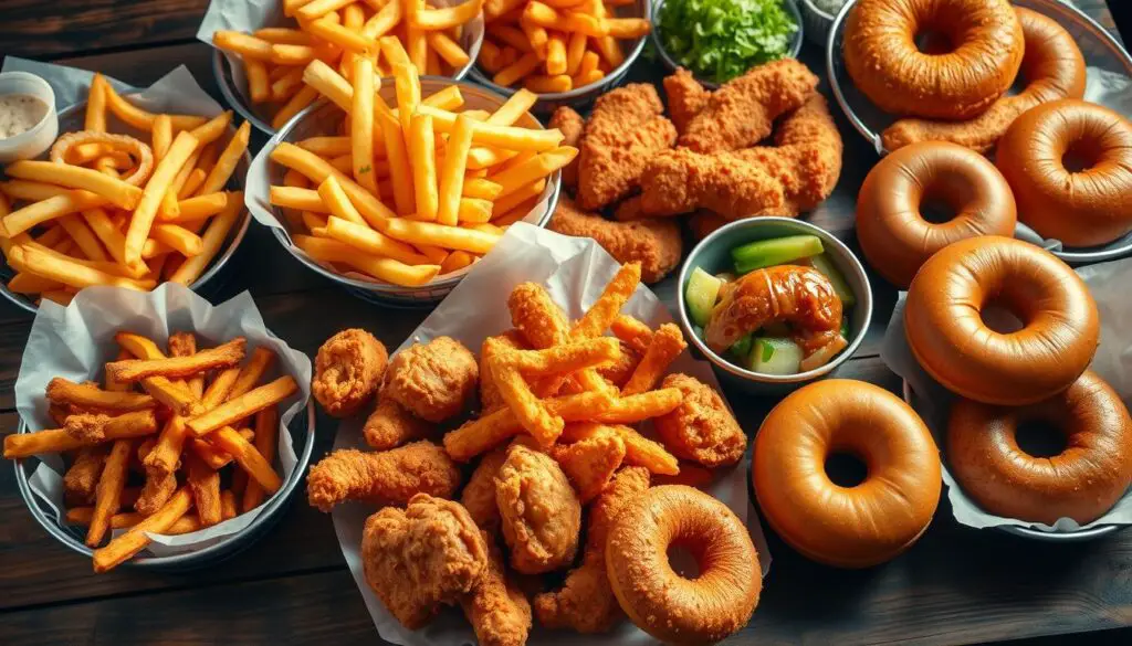 top foods fried
french fries
fried chicken
doughnuts
fish and chips
onion rings
fried shrimp
fried pickles
fried mozzarella sticks
fried oreos